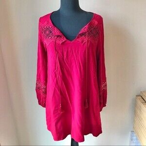 EXPRESS Bohemian Tunic Top Raspberry Crochet Lace Deep Pink Tassels